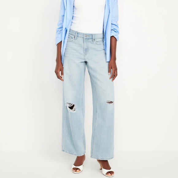 Old Navy Denim - Old Navy Midrise Ripped Baggy‎ Wide Leg Light Wash Jeans